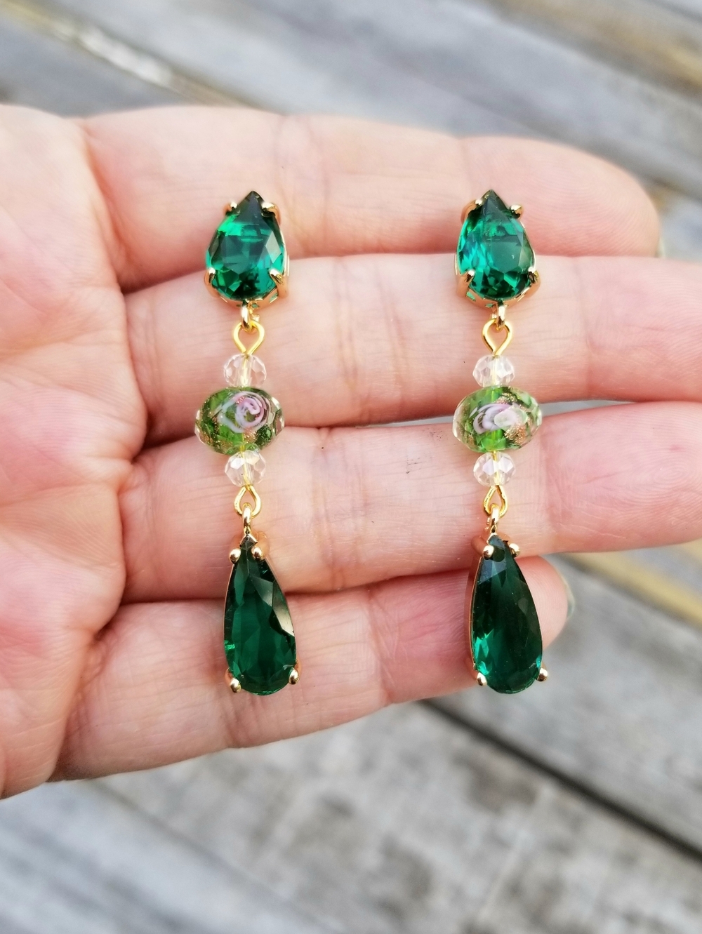 14k Gold Lampwork Glass Beaded Emerald Stud Dangle Earrings - Picture 2 of 7